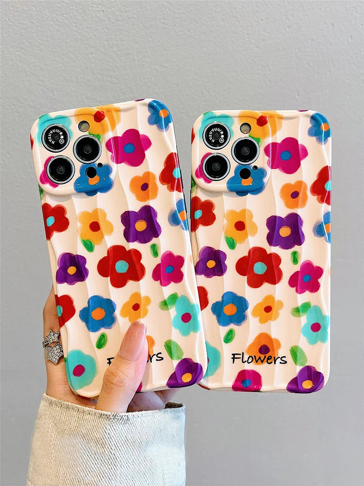 Retro Summer Garden Flowers Oil Painting Wave Back Cover For iPhone 11 12 13 14 15 16 Pro Max Case