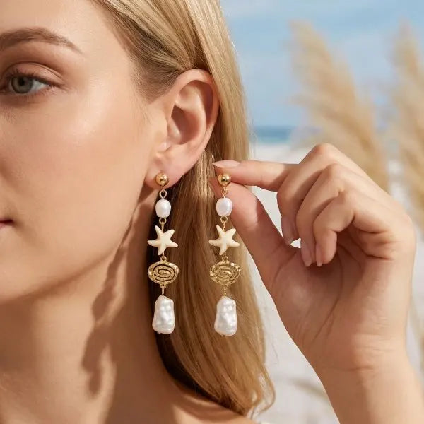 Luxurious Sparkling Zircon Metal Starfish Earrings for Women Bohemia Gold Color Conch Shell Tassel Drop Earrings Beach Jewelry