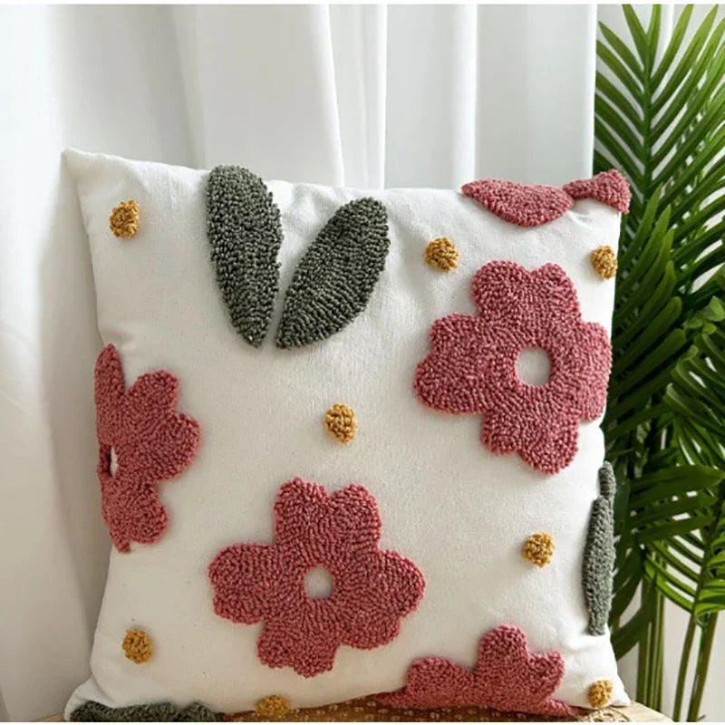 Style Flower Loop Tufted Cushion Cover Pink Plant Embroidered Decorative Pillows