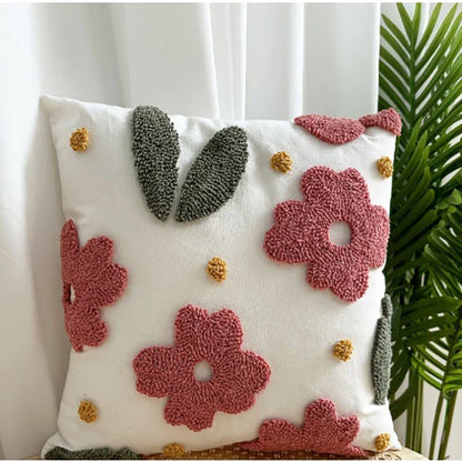 Style Flower Loop Tufted Cushion Cover Pink Plant Embroidered Decorative Pillows