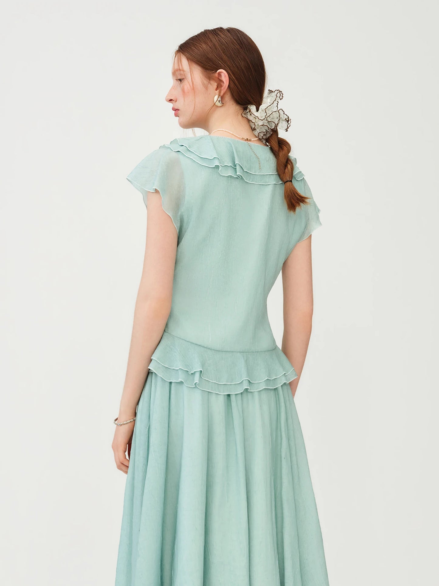 Mint Green Ruffled V-neck Chiffon Blouse and Skirt Women New Style Slimming Waist Solid Sets