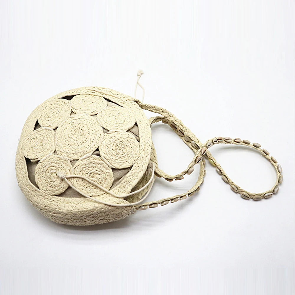 Bohemian Paper Rope Straw Bag Hollow Round Shoulder Bag Shell Strap Beach Bags for Women