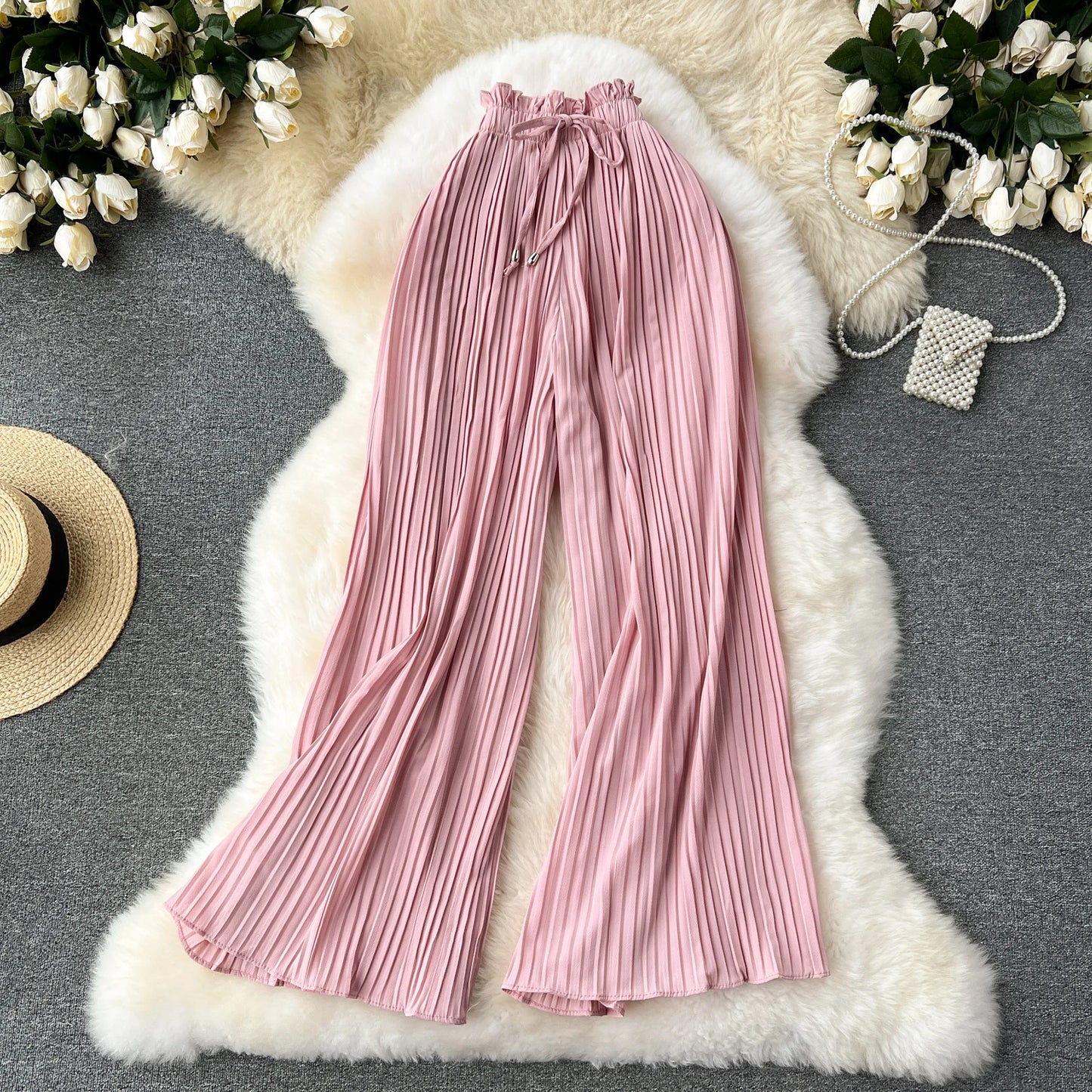 Basics Casual Pants Women Summer Oversize Draped Wide Legs Pants High Waist Solid Long Pleated Trousers