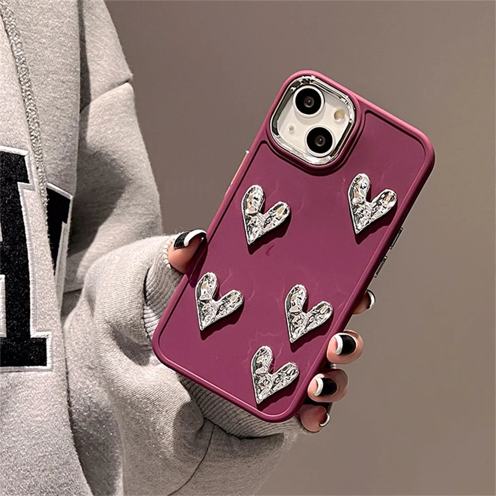 Sliver Love Heart Case For iPhone 13 12 11 14 15 16 Pro XS MAX 8 Plus