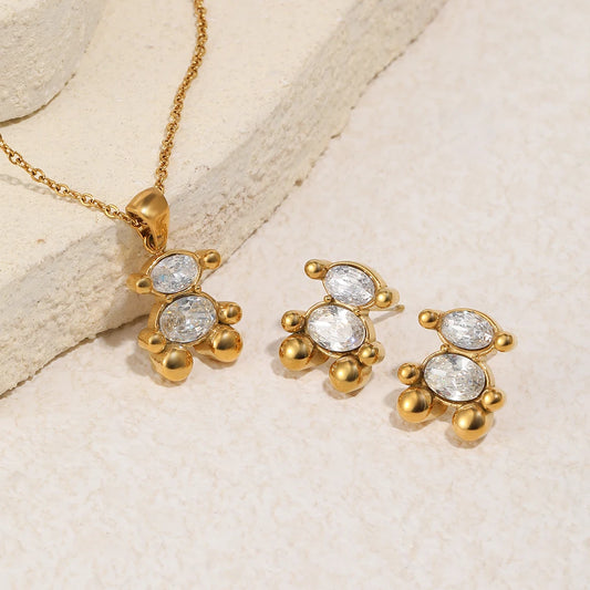 Cute Bear Jewelry Set Gold Plated Sitting Bear Zircon Necklace Stud Earring Smooth Edge Versatile Style Jewelry