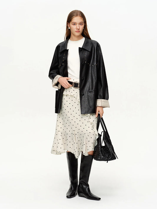 Irregular Ruffle Polka Dot Midi Skirt New Spring High-waisted A-line Skirt for Commuting Knee-length