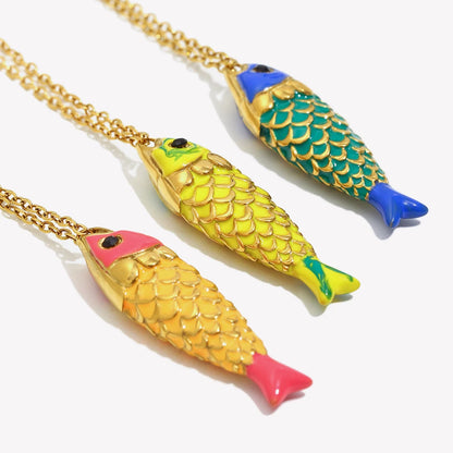 Colorful Lucky Enamel Fish Pendant Necklace Waterproof 316L Stainless Steel 18K Gold Plated Jewelry Accessories