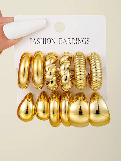 12pcs/Set Classic Fashion Twist Drop Design Women's Gold-Color Earrings For Daily Workplace And Party Outfits