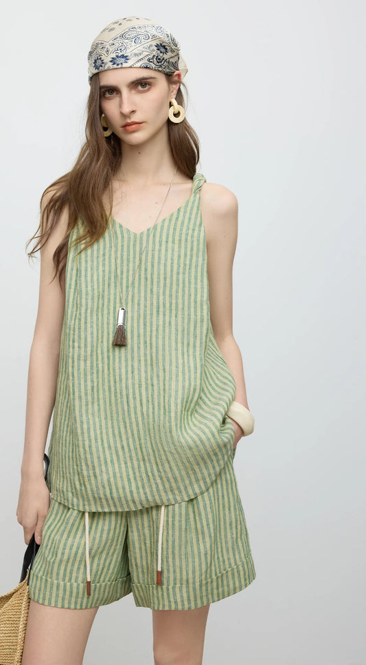 Linen Striped Top Shorts Suit Women Summer