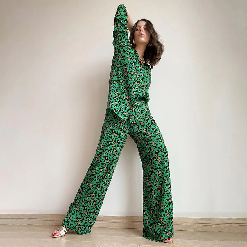 Pajama Set Casual Leopard Print Pants Suits Pajamas For Women Long Sleeve Sleepwear Summer Wide Leg Pants Two Piece Sets