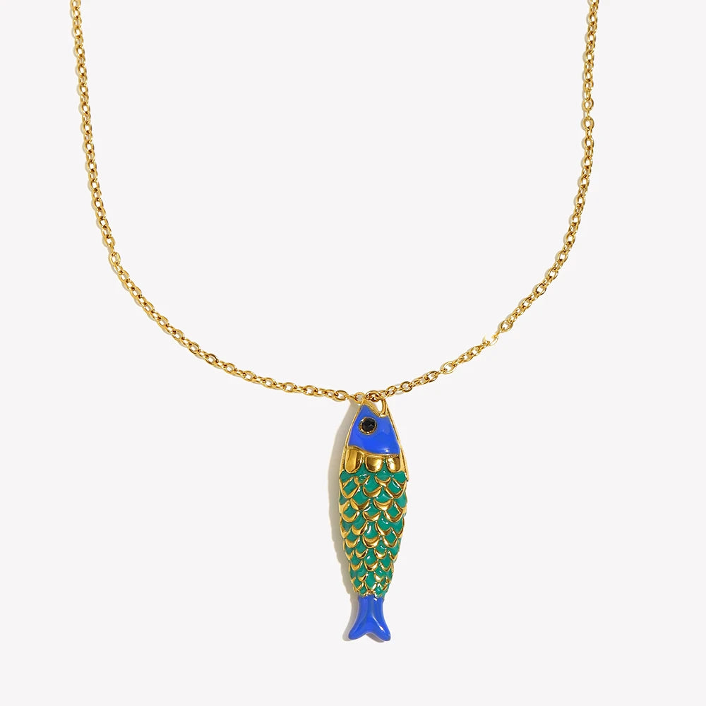 Colorful Lucky Enamel Fish Pendant Necklace Waterproof 316L Stainless Steel 18K Gold Plated Jewelry Accessories