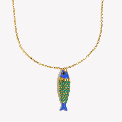 Colorful Lucky Enamel Fish Pendant Necklace Waterproof 316L Stainless Steel 18K Gold Plated Jewelry Accessories