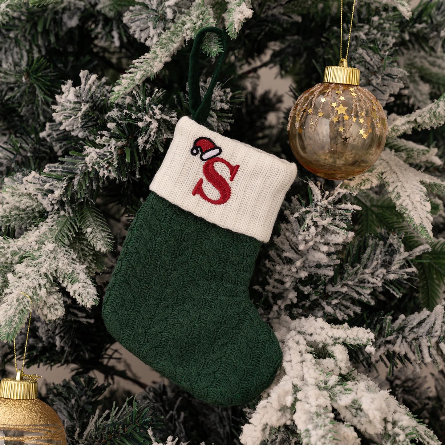 Green A-Z Letter Hanging Christmas Stockings Monogram Knitted Socks