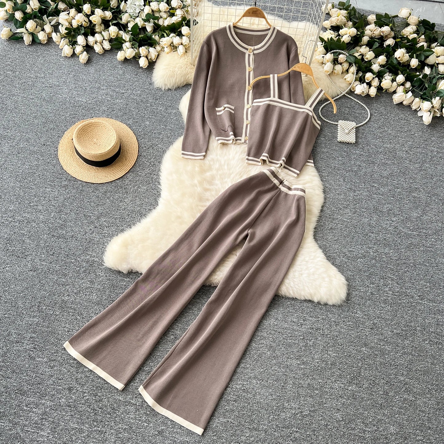 Women Three-Piece Sets Slim Single Breasted Coat Straps Camis Top High Waist Wide Leg Pants High Street Autumn Winter Clothing