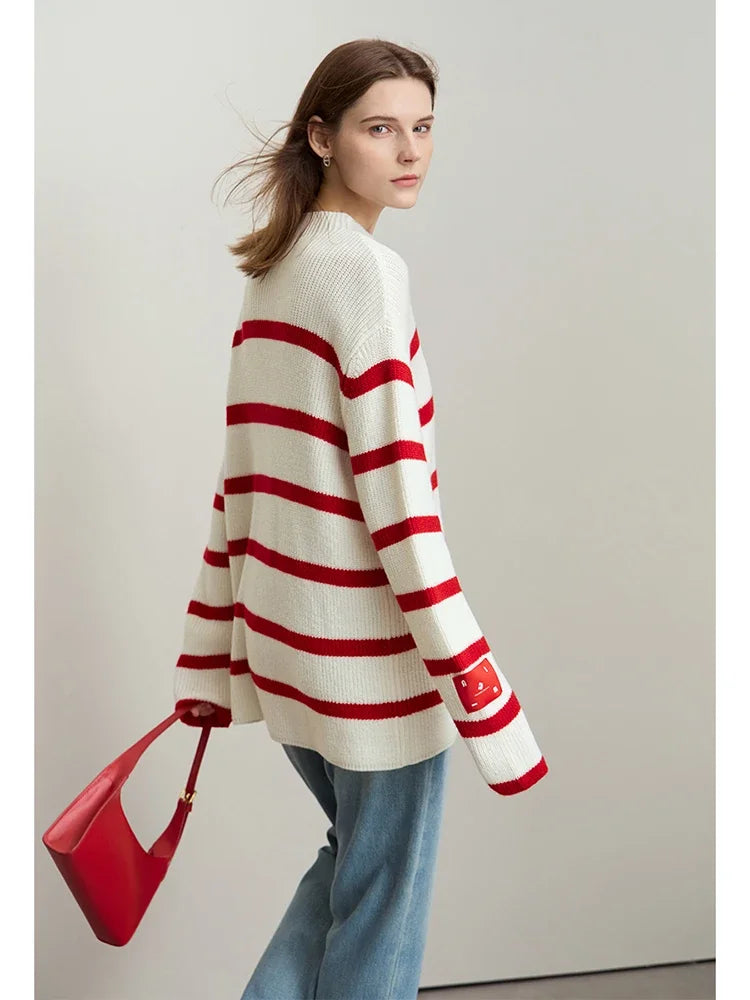 Minimalism Women's  Sweaters French Contrast Color Stripe Casual Long Sleeve