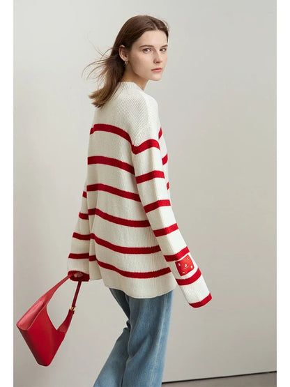 Minimalism Women's  Sweaters French Contrast Color Stripe Casual Long Sleeve