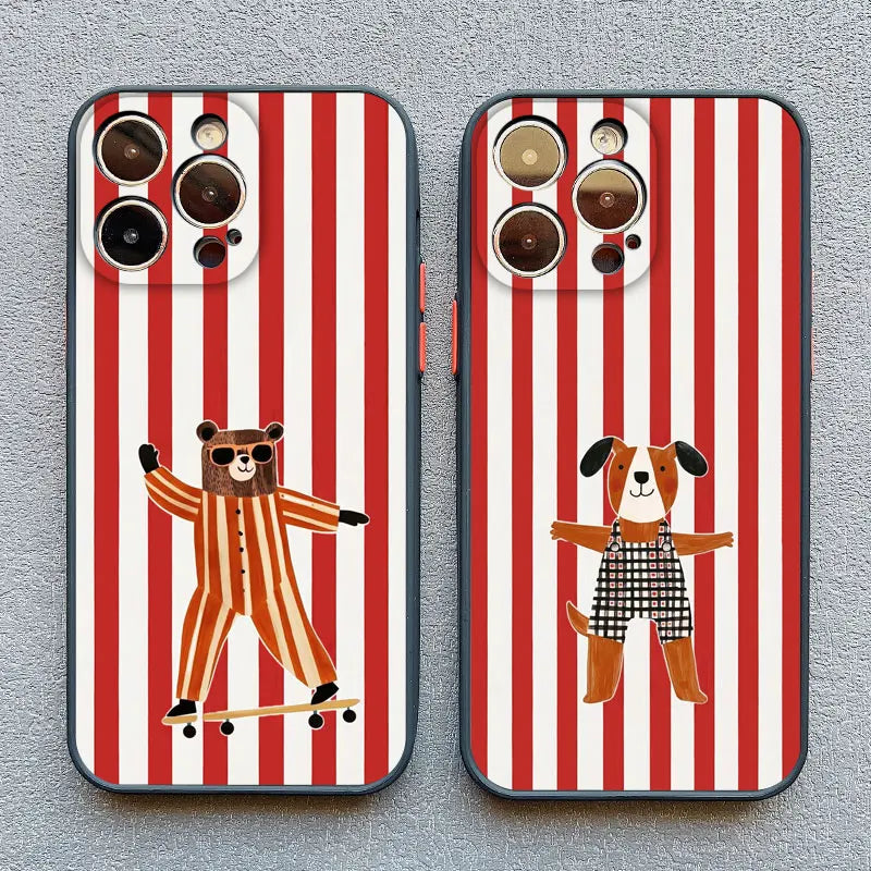 Simplicity Colour Vertical Stripes Cartoon Animals Phone Case for iPhone 16 15 14 Pro Max Plus 13 12 Mini 11 Pro Max XR X Covers