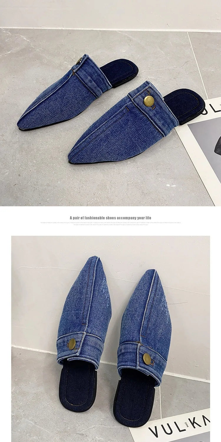 Denim Slippers Women Flat Mules Shoes Fashion Casual Slide Flip-flops Ladies Blue Designer Sandal Pointed Toe Classic Jean Mules