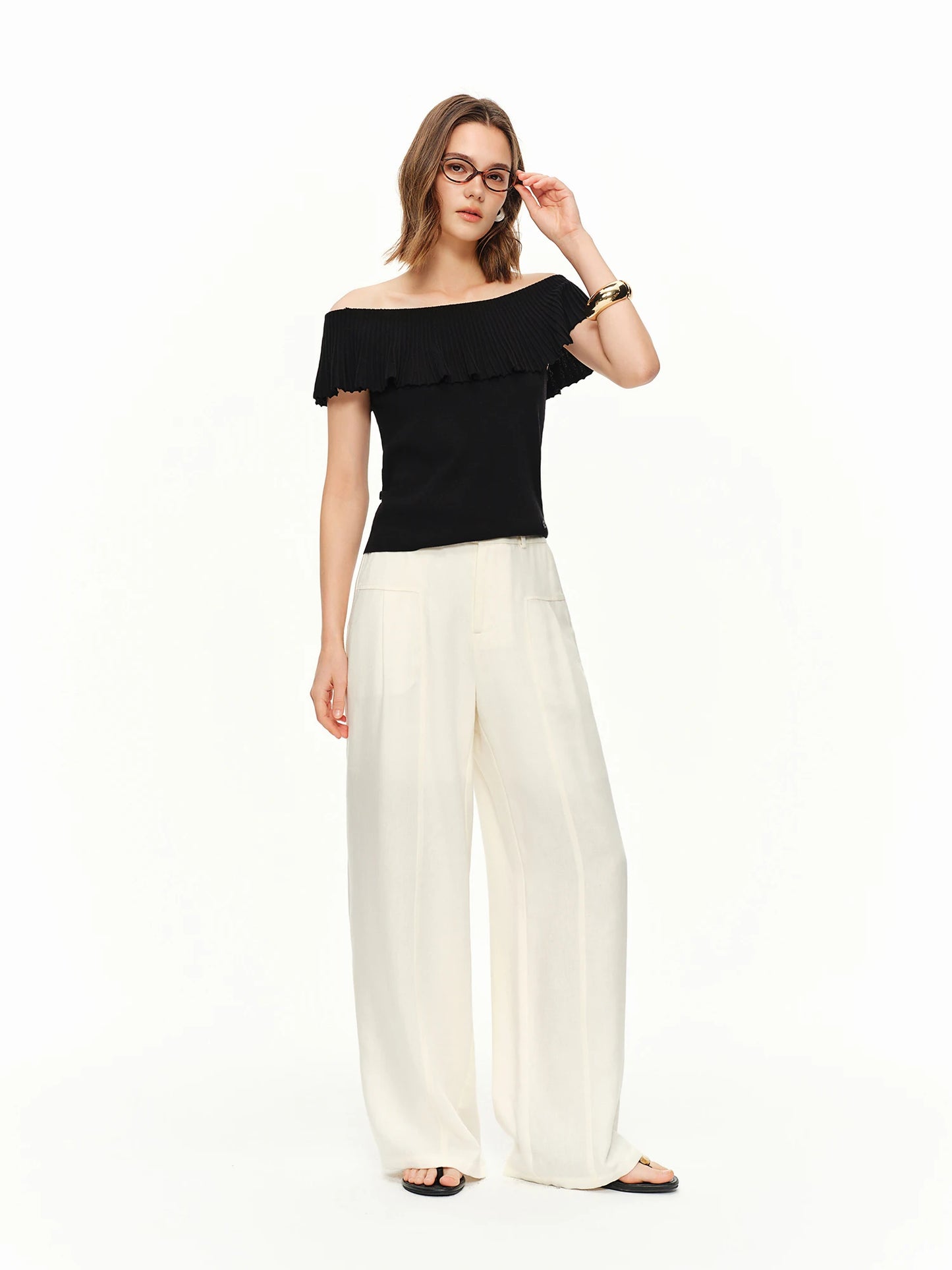 High-waisted Wide-leg Trousers Women Commuting Trendy Casual and Breathable Beige Pants for Summer