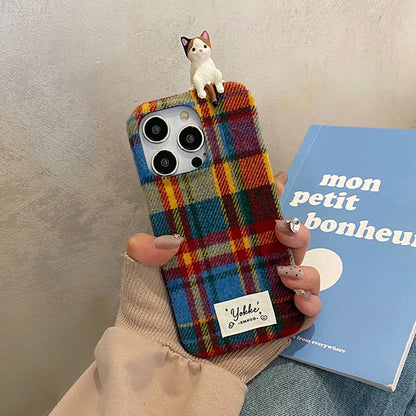 Fashion Warm Plush Plaid Grid Pattern 3D Cat Case For iPhone 16 15 14 13 12 Pro Max Creative Bumper Back Cover