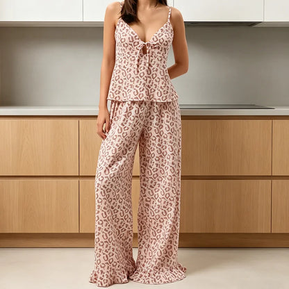 Pink Leopard Print Woven Inelastic Ladies' Pajamas Two-Piece V-Neck Lace-Up Top Ruffled Wide-Leg Pants Full Length Pants