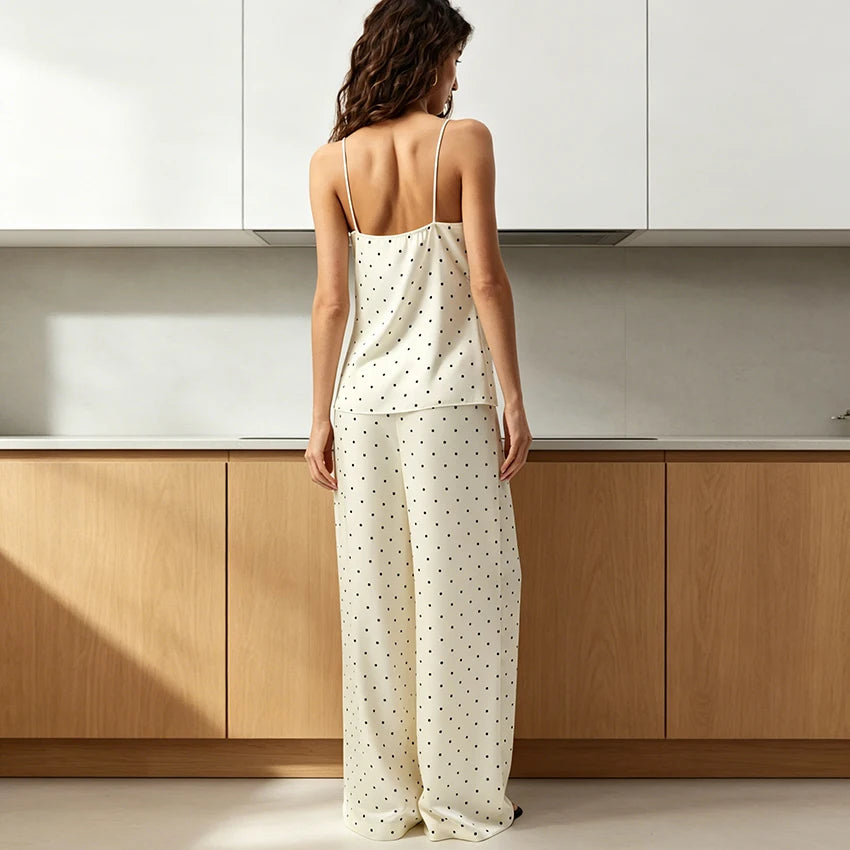 HiLoc Apricot Polka Dot Loose Woven Ladies' Pajamas Suits Black Lace Sleeveless Suspender Vest Elastic Waist Full Length Pants