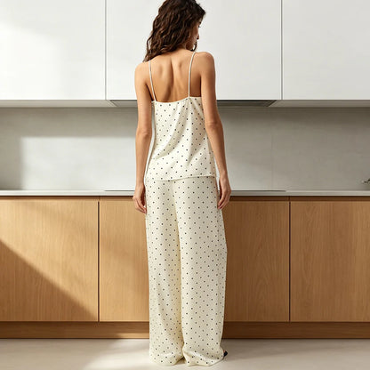 HiLoc Apricot Polka Dot Loose Woven Ladies' Pajamas Suits Black Lace Sleeveless Suspender Vest Elastic Waist Full Length Pants