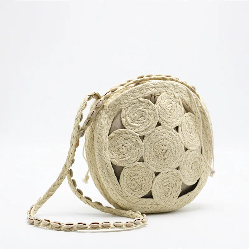 Bohemian Paper Rope Straw Bag Hollow Round Shoulder Bag Shell Strap Beach Bags for Women
