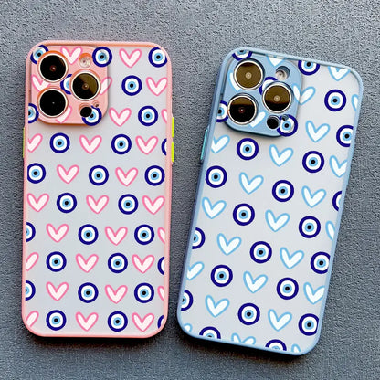Evil Eye Glossy Heart Pattern Phone Case for iPhone 14 15 Pro Max Plus 11 12 13 Mini Pro Max 16 17 Pro Max Shockproof Back Cover