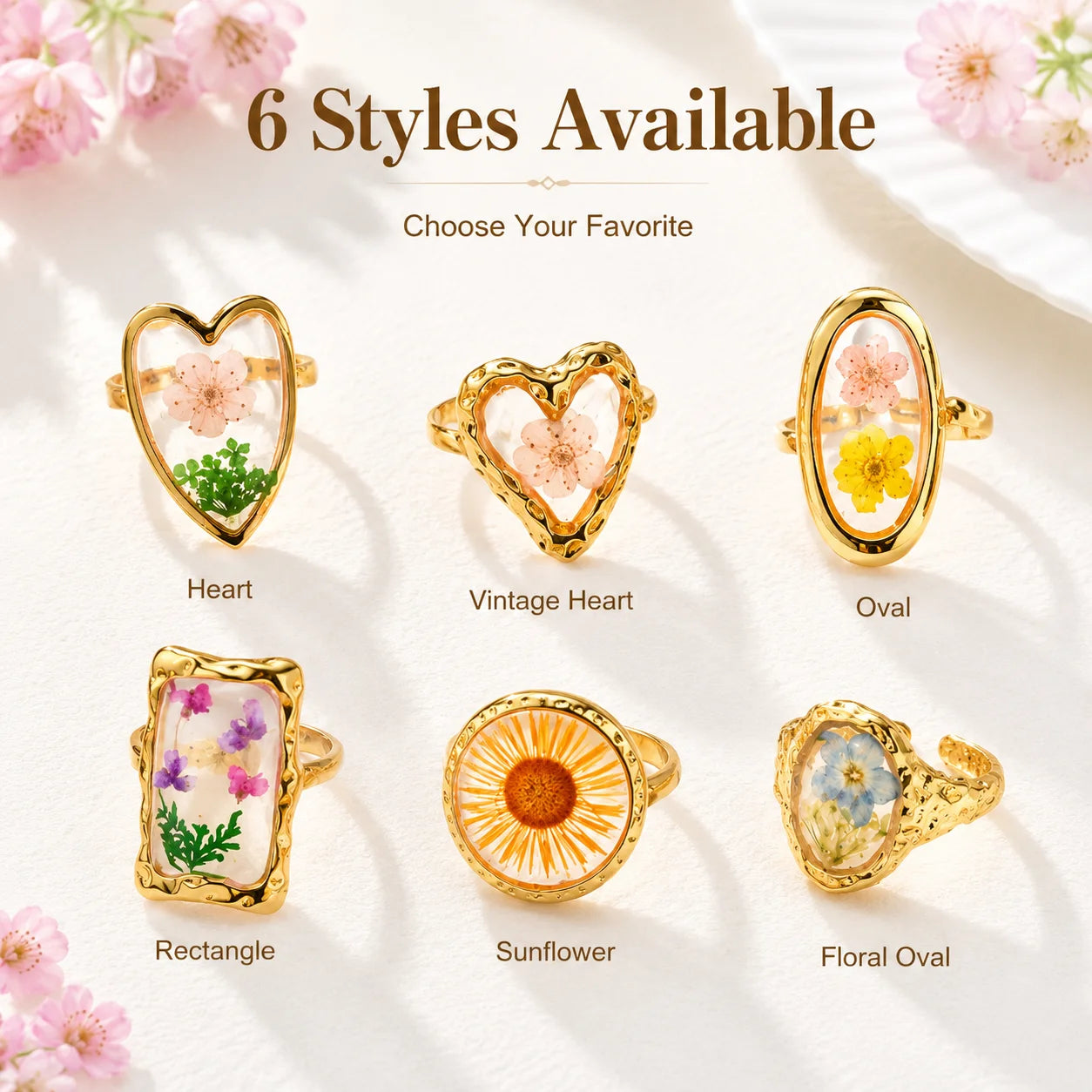 Stainless Steel Rings for Women Dried Flower Resin Jewelry Dainty Geometric Open Adjustable Vintage Floral Rings Waterproof