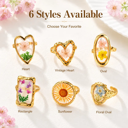Stainless Steel Rings for Women Dried Flower Resin Jewelry Dainty Geometric Open Adjustable Vintage Floral Rings Waterproof
