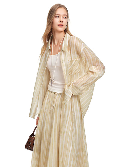 Summer Women‘s Relaxed Fit Shirt Skirt Two Piece Set,Oversized Linen Blend for Healing Commute Effortless Chic Style
