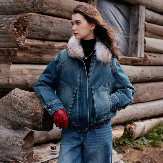Women Down Jacket New Reversible Denim Nomadic Workwear Pocket Raccoon Fur Collar Warm Outerwear