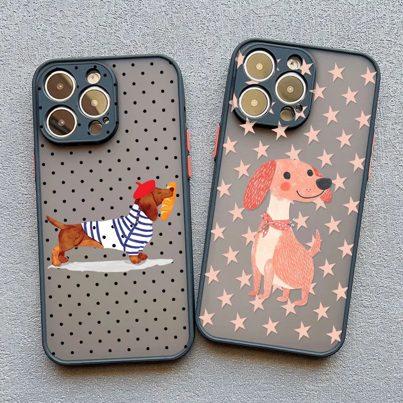 Black Polka Dot Sausage Dog Cute Cartoon Phone Case For iPhone 17 16 Pro Max 15 14 Pro Max Plus 13 Mini 12 11 Pro Max Back Cover