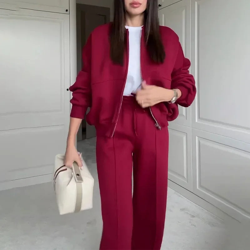 Two Piece Sets Round Fashion Simple Jacket Casual Straight Leg Pants Autumn Winter High Street Lady Suit