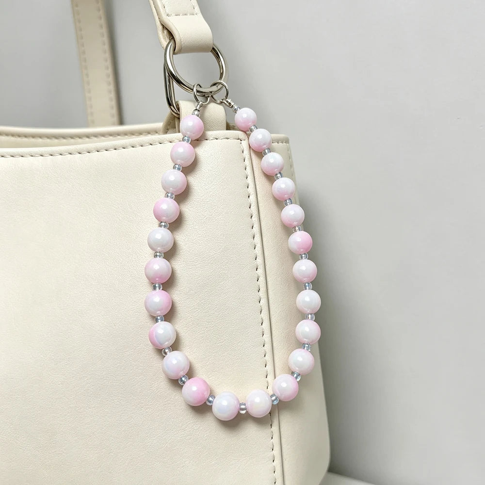 Anti-lost Beaded Phone Lanyard Aesthetic Iridescent Acrylic Beads Wrist Strap Phone Chain Durable Keychain Bag Charm for Women