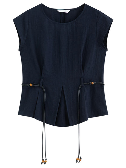 Women's Round Neck Waist-Defining Top & Wide Leg Pants Two-Piece Set - Refined Style for Daily and Office Wear