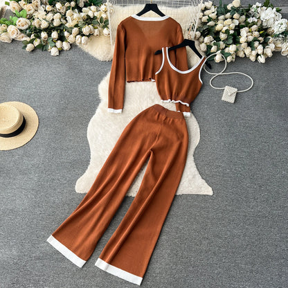 Autumn Knitted Three Pieces Sets Top+Long Sleeves Short Cardigan+Elastic Long Pants Fashion Sweater Set