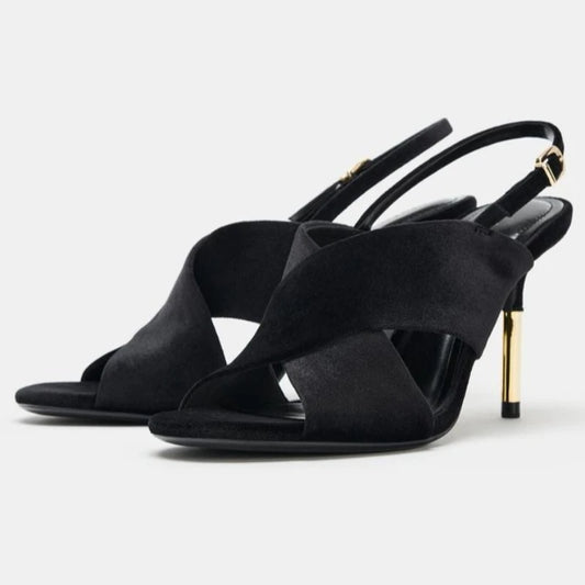 Brand Designer Metal Heel Sandals Women Suede Wide Cross Strap Peep Toe Slingback