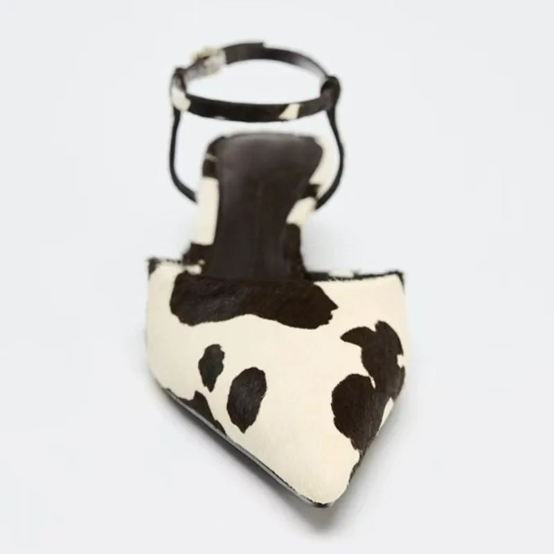 Suede Designer Pumps Woman Ankle Strap Pointed Toe High Heels Female Cow Pattern Fashion