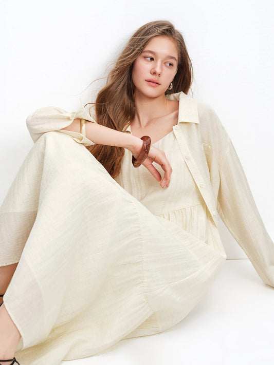 Women's Linen Shirt and Slip Dress Two-Piece Set - Casual Vacation Style Outfit for Daily and Resort Wear