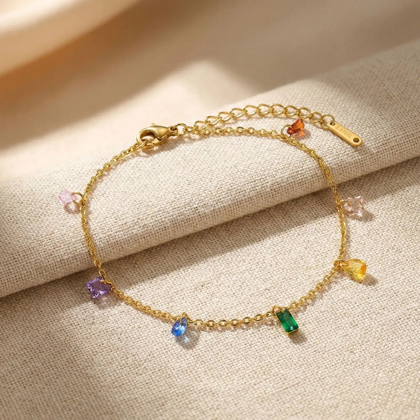 Colorful Cubic Zirconia Anklet for Women Waterproof Anti Tarnish Stainless Steel Summer Beach Foot Jewelry