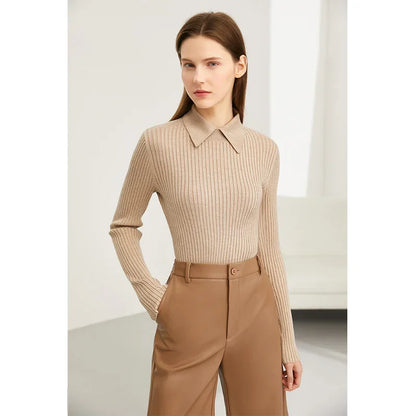 Minimalism Sweater for Women Autumn New Office Lady Basic Lapel Striped Slim Knitted Tops