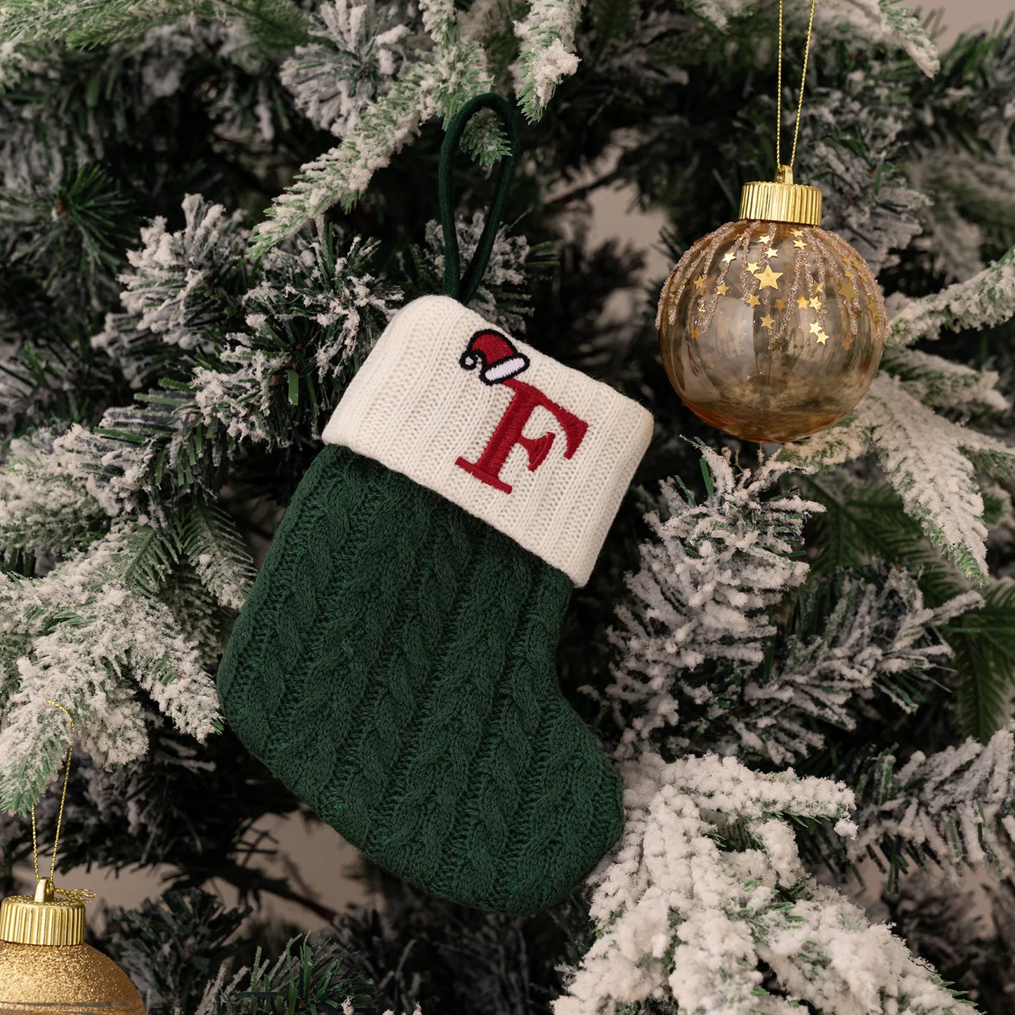 Green A-Z Letter Hanging Christmas Stockings Monogram Knitted Socks
