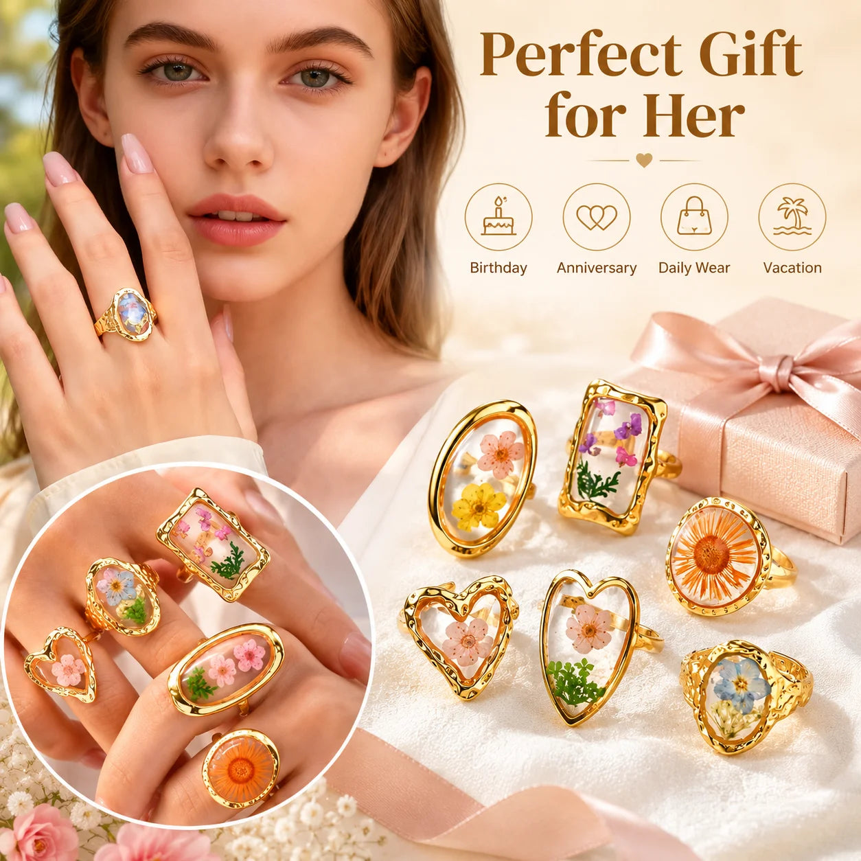 Stainless Steel Rings for Women Dried Flower Resin Jewelry Dainty Geometric Open Adjustable Vintage Floral Rings Waterproof