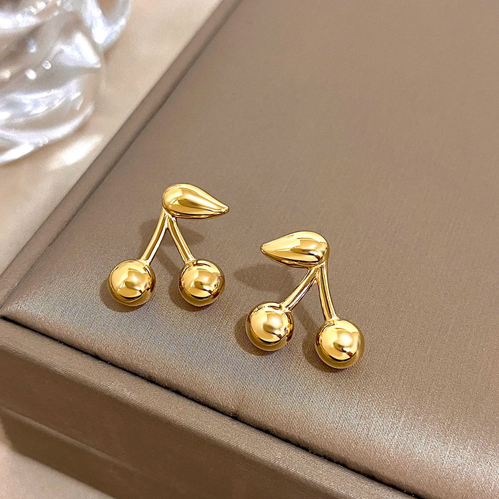 Gold Plated Cherry Small Earrings for Women Cute Jewelry