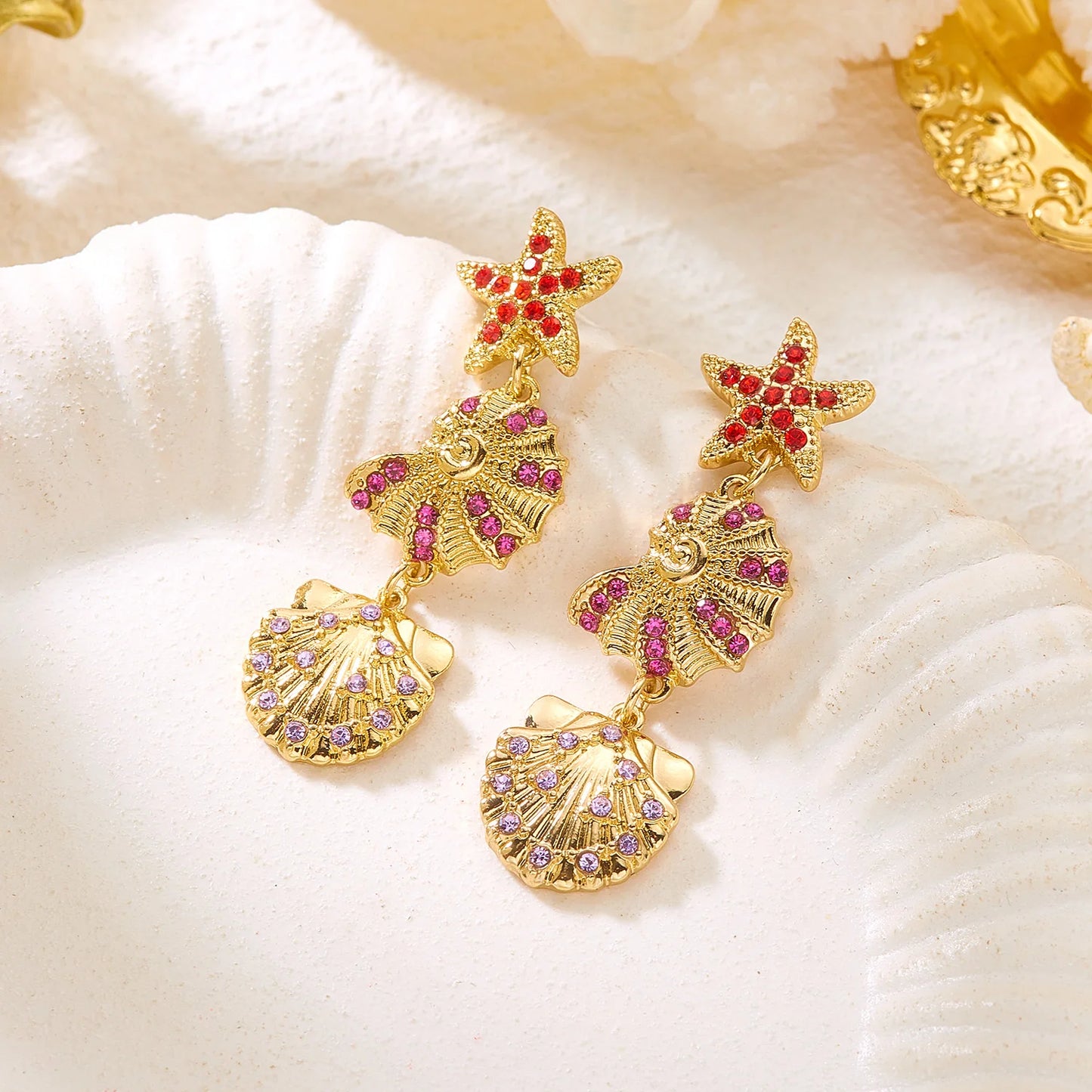 Luxurious Sparkling Zircon Metal Starfish Earrings for Women Bohemia Gold Color Conch Shell Tassel Drop Earrings Beach Jewelry