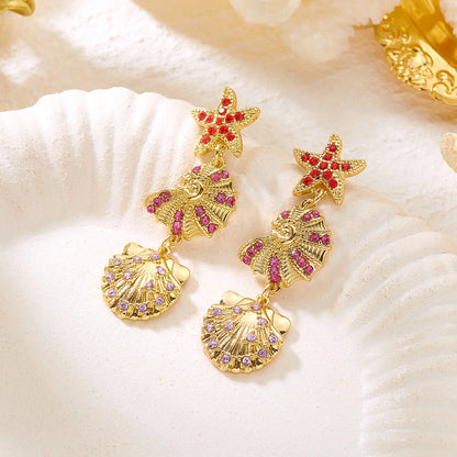 Luxurious Sparkling Zircon Metal Starfish Earrings for Women Bohemia Gold Color Conch Shell Tassel Drop Earrings Beach Jewelry