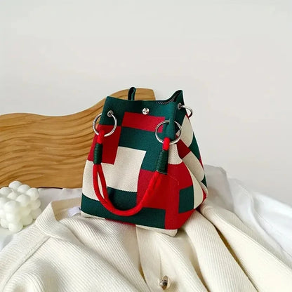 Multi-color knitted retro bucket handbag simple and color-blocked,versatile and easy to carry with you