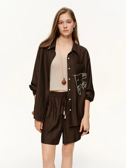 Chic Elegant Spring Bird Embroidery Stylish Outfit Set Long Sleeve Casual Shirt & Beaded Shorts